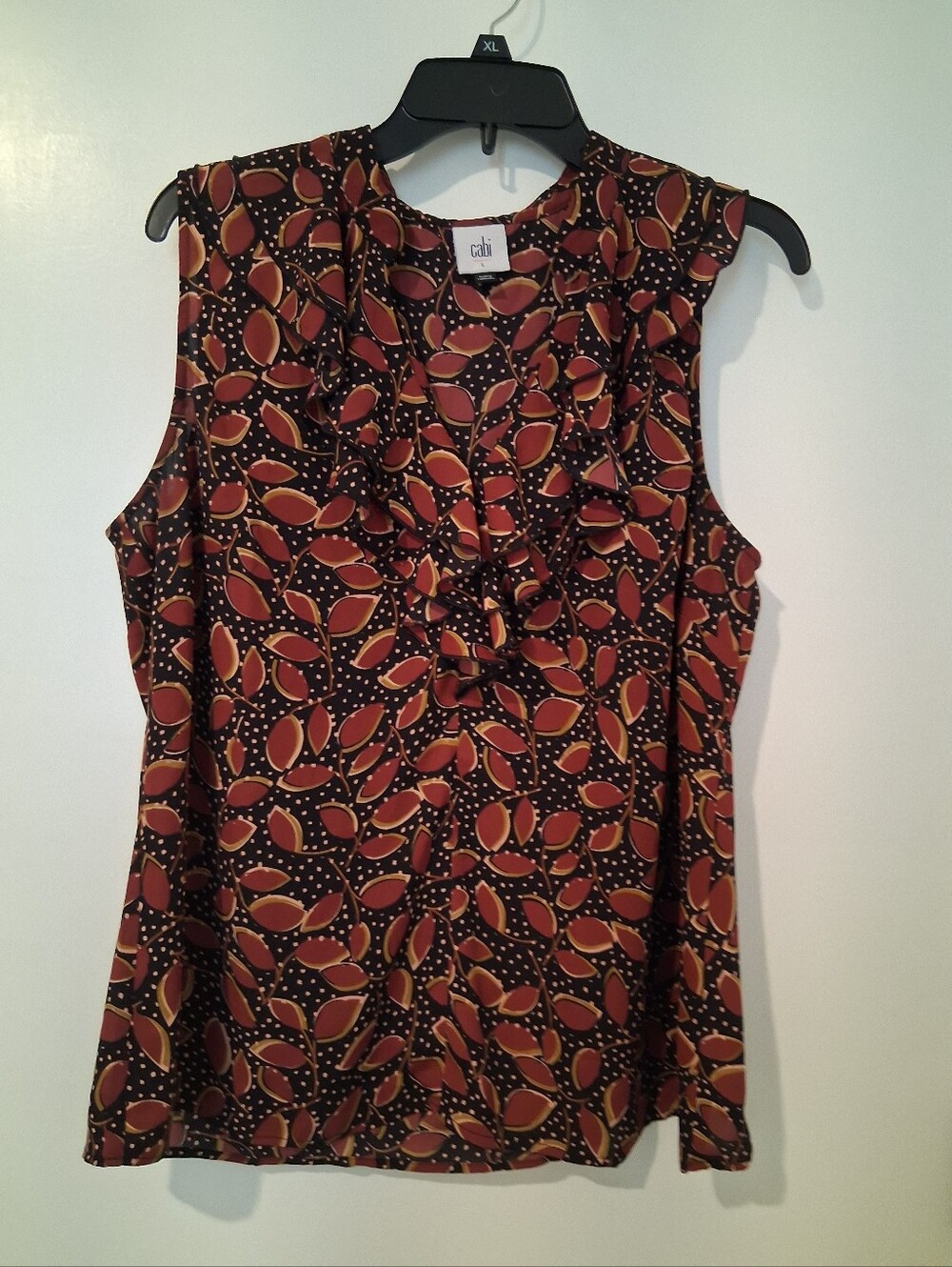 CAbi Burgundy and Rust Leaf-Print Ruffle V-Neck Top
